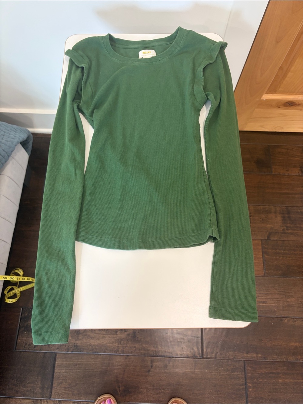 Anthropologie Maeve Green Ribbed Crewneck Top with Shoulder Detailing